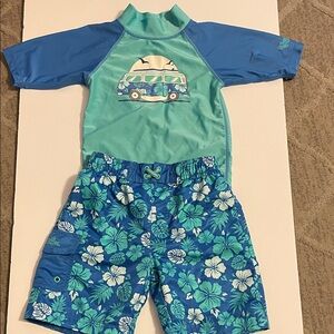 UV SKINZ Boys Size 5 (5T) Rash Guard & Swim Trunks Set Blue Floral